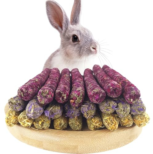 Rynvarl Bastoncini di fieno di Timothy 150g masticabili per conigli, criceti, porcellini d’India e piccoli roditori – Snack naturali per la cura dentale – 3 gusti naturali con fiori