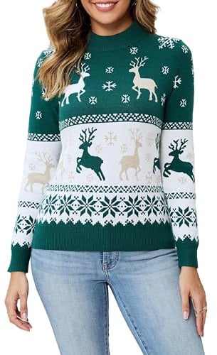 Dosieyeo Jersey de Navidad para mujer, cuello redondo, jersey de punto noruego con reno suave y suelto, verde, L