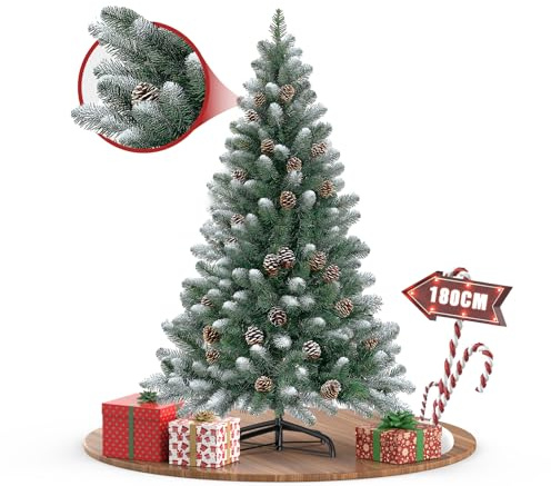 Weihnachtsbaum 180cm Grün Tannenbaum Spitze Weiße Weihnachtsdekoration | PVC Christbaum, Dichte Zweige, 2-Teilig, Naturgetreu, Tannenzapfen-Dekoration, Schwer Entflammbar, Weihnachtsdekoration