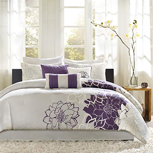 Madison Park Lola Sateen Cotton Comforter Set-Casual Medallion Floral Design All Season Down Alternative Bedding, Shams, Bedskirt, Decorative Pillows, King, Grey/Purple 7 Piece