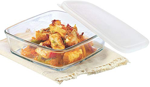 Borosil 500ml Baking & Serving Square Shape Dish with White Lid | Borosilicate Glass Bakeware and Serveware Tray | Microwave, Oven & Dishwasher Safe Bowl | Transparent