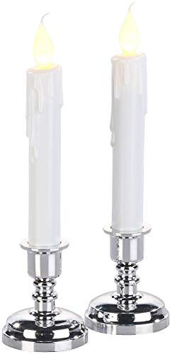 Britesta Stabkerzen mit Batterie: 2er-Set LED-Stabkerzen mit silbernem Kerzenständer, flackernde Flamme (LED Kerzenleuchter Batterie, Helloween Kerzen, Tischleuchte)