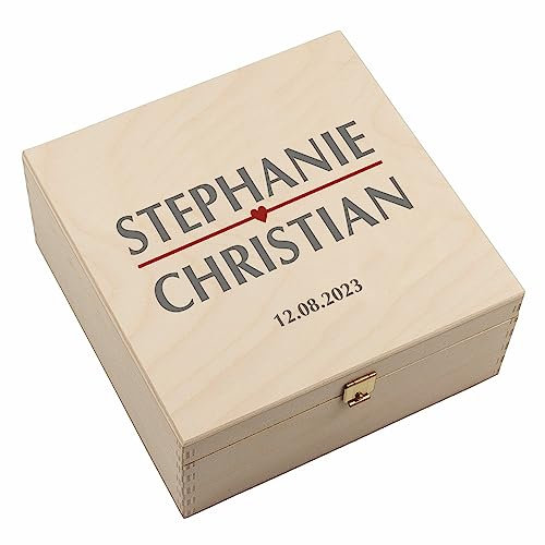 4youDesign Echtes Hufeisen in Holz-Geschenkschachtel Personalisiert auf der Holzbox mit Namen & Datum – Hochzeitsgeschenk für Paare – Glücksbringer Brautpaar - 17x17x3,5cm