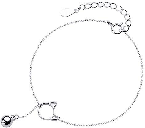 Allgut Katze Armband Mädchen, 925 Sterling Silber Kätzchen Glocke Charm Armband Damen Verstellbare Armkette Armkettchen Bettelarmband