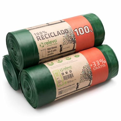 Relevo 100% Reciclado Bolsas de Basura, extra resistentes 100 L, 30 bolsas con autocierre
