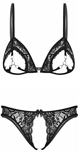 CHICTRY Woman Lace Lingerie Set Push up Unlined Bralette Shelf Bra Panties Thong Underwear Nightwear Black XXL