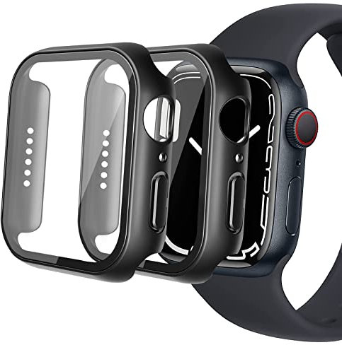 IBEX 2 pezzi Cover per Apple Watch Series 7 41 mm Protezione schermo, Bumper Case Cover Custodia Custodia Duro Antiurto PC Ultra Sottile Vetro Temperato Schermo Nero