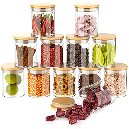 ARVINKEY 12 Set Glass Jars Set 260ml, 9oz Spice Jars Food Cereal Storage Container with Bamboo Airtight Lids and Labels for Flour, Sugar, Coffee, Candy, Snack and More
