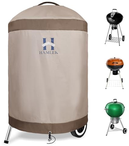 HAMLER Round Barbecue Cover, 21 Inch Small Smoker Cover, Heavy Duty Waterproof Outdoor Grill Cover Fits Weber, Charcoal Kettle, Masterbuilt, Dyna-Glo, Brown & Beige