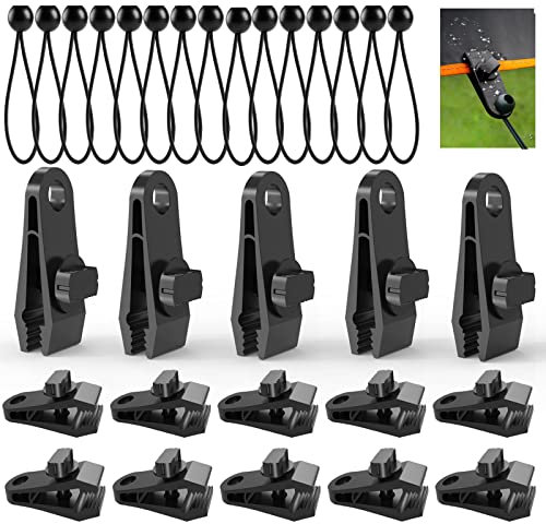 Tarp Clips with Bungee Balls 30 PCS,Tarp Clips Clamps Heavy Duty Lock Grip for Tarp,Pool Cover ,RV Awning Cover,Banners,Tents,Tarpaulin, Caravan Canopies