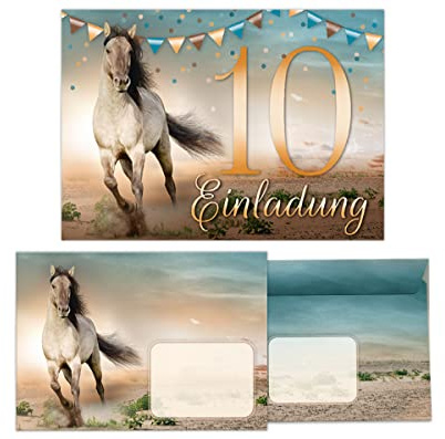 Junapack 12 Einladungskarten incl. 12 Umschläge zum 10. Kindergeburtstag zehnte Geburtstag Mädchen Pferd