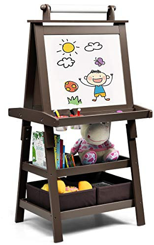 LIFEZEAL 3 in 1 Kindertafel, Staffelei Kinder mit Doppelseitiger Tafel, Standtafel mit 2 Ablageebenen, Whiteboard & Kreidtafel & Papierrolle, Maltafel mit 2 Aufbewahrungsboxen, Magnettisch (Braun)