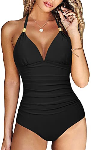 Vancavoo Baddräkt för kvinnor, nackhållare, bikini, V-ringning, push-up, badmode, förskönande, mage, vintage, strandmode, baddräkt