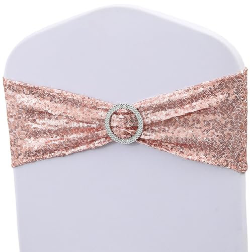 JKDMJF Pack of 50 All Around Rose Gold Sequin Chair Sashes for Wedding Decor, Sequins Chair Bands with Silver Buckles for Party Baby Shower Fiestas Decorations, Glitter Rose Gold Chair Sashes