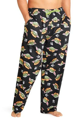 Disney Schlafanzug Hose Herren Freizeithose Lang 100% Baumwolle Jogginghose Teens Männer Pyjamahose mit Kordelzug (L, Schwarz Baby Yoda)