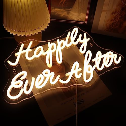 LED Happily Ever After Signe néon alimentées Mariage Fiançailles Décoration de fête par USB avec variateur d'intensité Lumières néon pour chambre maison bar art mural décoration murale- Blanc chaud