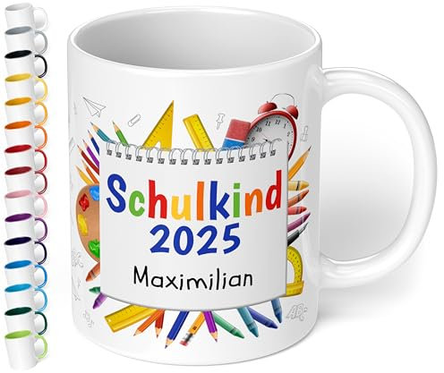 Geschenk zur Einschulung für Mädchen und Jungen: Tasse „Schulkind 2025“ - mit NOTIZBLOCK-Motiv - personalisiert mit Namen für Erstklässler - kleines Geschenk für Schüler 1. Klasse, Weiß