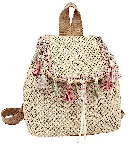 MilyaDE Stroh Rucksack Strandtasche Handarbeit Daypack Kordelzug Böhmische Schultertasche für Frauen Reisen Urlaub, Quasten Khaki