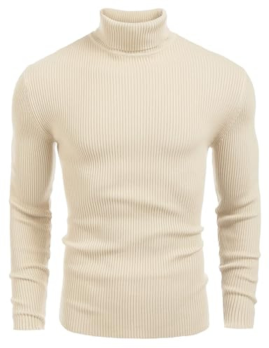COOFANDY Men's Jumpers Turtle Neck Cable Knitted Jumpers Slim Fit Pollover Sweater Beige