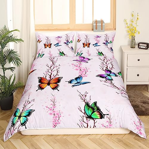 Schmetterling Bettwäsche Set 135x200 für Mädchen Rosa Kirschblüten Bettbezug,Bunte Schmetterling Druck Zimmer Dekor für Kinder Fliegen Schmetterlinge Tröster Abdeckung,Romantische Thema Bettwäsche