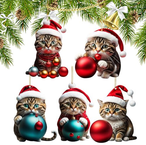 Ellxen 5pcs Acrylic Cat Christmas Ornament for Christmas Tree Decoration,Christmas decoration gift,fun Christmas pendant decoration, Christmas decoration for porch, hallway, office(A)