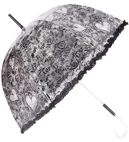 Chesoon Rose Dentelle Parapluie En Plastique Fête De Mariage Dames Parasol Pluie Dôme Clair Auvent Autometic Ouvert Avec Poignée Courbée, Noir