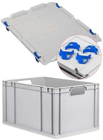 Eurobox NextGen Economy 60x40x32cm Griffe offen mit Auflagedeckel grau, Kunststoffbox 65 Liter, Logistikbox Lagerbox Campingbox stapelbar, Farbe Deckel-Verschlüsse wählbar (Verschluss Blau)
