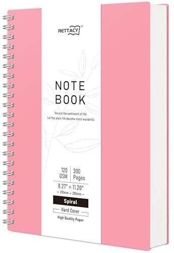 RETTACY A4 Spiral Blanko Notizbuch, Drahtgebundenes Skizzenbuch 300 Seiten/150 Blätter zum Zeichnen, 120gsm, Kunststoff PVC Hardcover, zum Schreiben Frauen Männer Schule, 21.5 x 27.9cm - Rosa