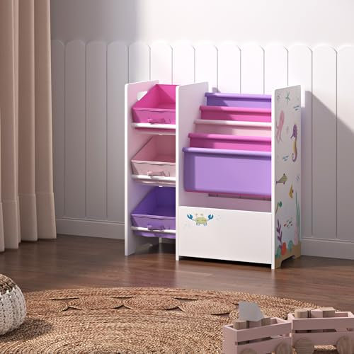 [en.casa] Kinderregal Vimianzo Bücherregal mit 4 Ablagefächern Bücherkiste 3 Faltboxen Spielzeugregal Ozean-Motiv Weiß Rosa Lila Kinderzimmer Organizer Staufach