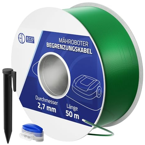 ECD Germany 50m Universal Begrenzungskabel für Mähroboter + 200 Erdnägel + 12 Kabelverbinder, Kupfer verzinnt, Begrenzungsdraht für Rasenmäher Rasenroboter, Kompatibel mit Gardena Bosch Husqvarna Worx