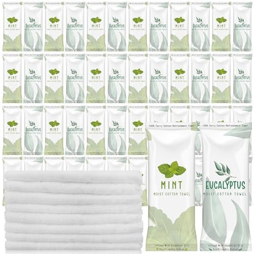 Timgle 50 Pcs Moist Towelettes Individually Wrapped Scented Disposable Face Towels Essential Oil Infused Moist Terry Cotton Towel for Use Hot or Cold Travel Body Spa(Mint, Eucalyptus Leaves)