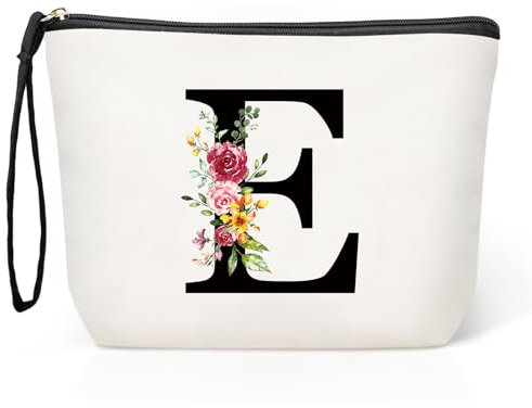 Personalisierte Initialen Große Make-up-Tasche, Schminktasche Damen, Reise Canvas Kosmetiktasche, Geburtstagsgeschenke für Frauen und Mutter, Geschenke für Freundinnen, Braut und Brautjungfern E