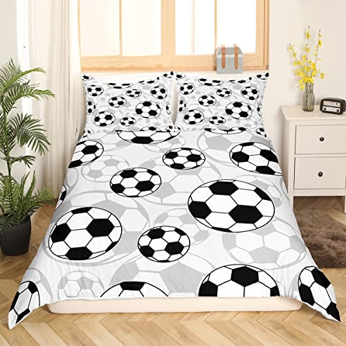 Loussiesd Fußball Bettwäsche Fussball Sport Muster Bettwäsche Set 155x220cm Junge Kinder Mädchen Sport Football Wettbewerb Spiele Bettbezug Set Weiß Schwarz Grau Bettbezug mit Reißverschluss