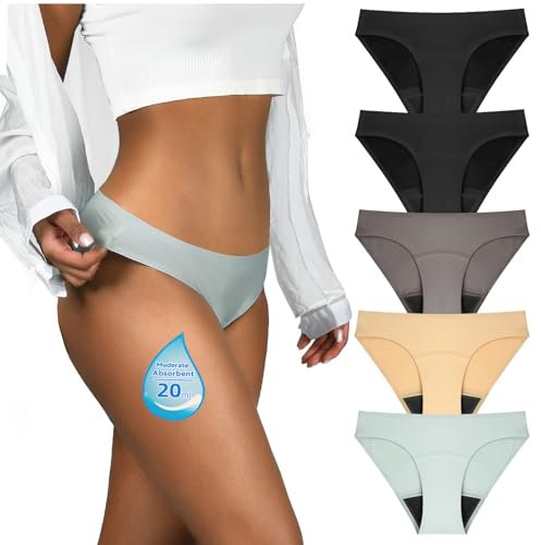 TIICHOO Periodenunterschwäsche Starke Blutung Nahtlos Perioden Bikini Unterwäsche 5er Pack(L, Kaffee/Beige/Rauchgrün/2 Schwarz)