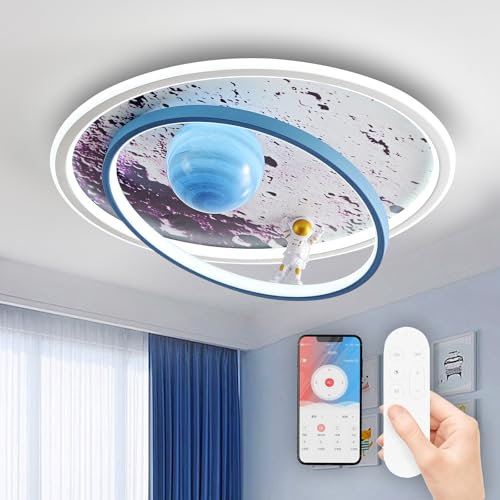 RRBEST LED Kinder Deckenlampe, Mond Oberfläche Astronaut Design Deckenleuchte, Dimmbar Jungen und Mädchen Zimmer Licht mit Fernbedienung, Schlafzimmer Decke Kindergarten Beleuchtung