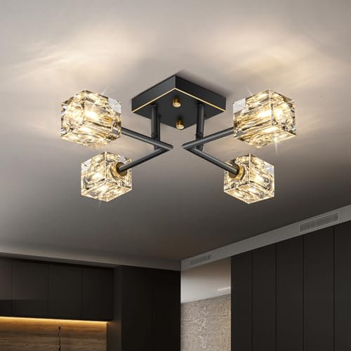 JUJUQI Modern Kistall Halbbündig Deckenleuchte Wohnzimmer,4-Lichter Schwarz und Gold Kristall Kronleuchter, halbbündiger Kristall-Kronleuchter,Luxus Deckenleuchte für Schlafzimmer Esszimmer