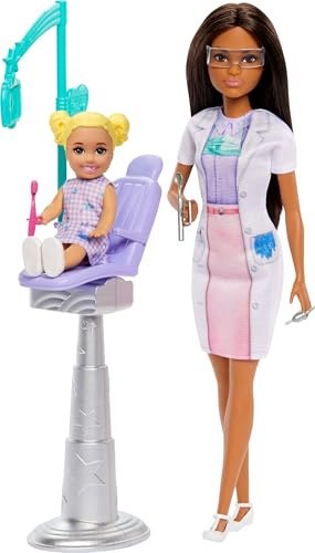Barbie Zahnarztpuppe mit brünettem Modepuppe mit blauem Kleid und Laborkittel, 1 Kinderpuppe, medizinisches Arztmöbel & Zubehör