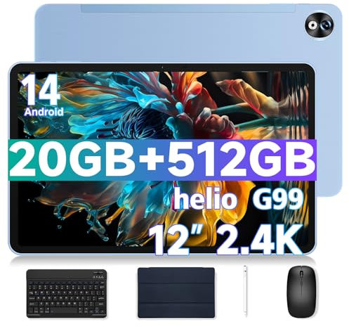 DOOGEE T40 Pro Tablet 12 Pulgadas 20GB RAM + 512GB ROM (2TB TF), 2.4K Android 14 Tablet con Helio G99 y 10800mAh Batería, 16MP+8MP, Dual 4G con Teclado, Ratón, Funda y Lápiz