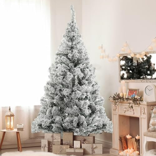 Makamsui Árbol de Navidad artificial flocado de nieve de 6 pies, árbol de Navidad nevado con rama realista, base de metal reforzada y fácil montaje para decoración de fiestas de invierno, blanco y