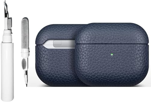 Custodia in vera pelle compatibile con AirPods 4, con cancellazione attiva del rumore, vera pelle di ciottoli, custodia di ricarica wireless retrò lussuosa antiurto con kit di pulizia