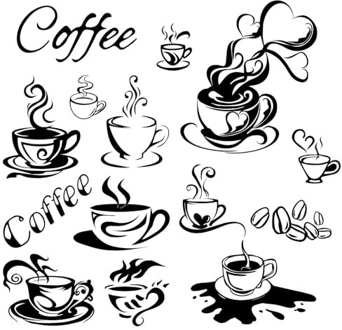 CREATCABIN 4 Stück Schwarze Kaffee Wandaufkleber Kaffeetassen Aufkleber Wandbild Vinyl Wandkunst Aufkleber Selbstklebend Kaffee Wanddekor Aufkleber Geschenk Für Zuhause Küche Klassenzimmer 20x29cm