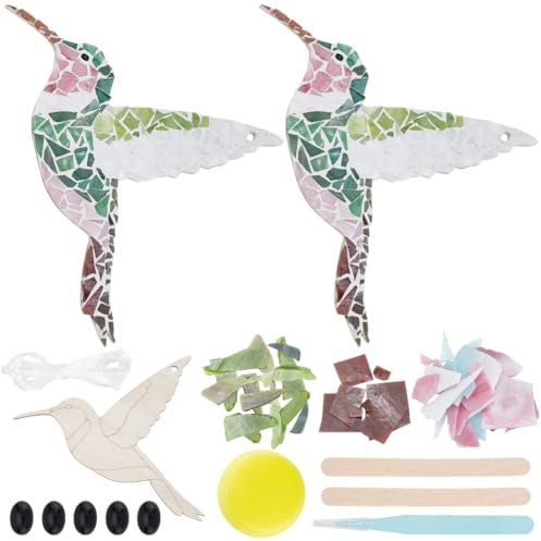 WEBEEDY 2 Sets Hummingbird Mosaic Tiles Kit for Adults, 15cm Cute Bird Glass Mosaic Coaster Kit with Wooden Bases Wall Hanging Ornament, Unique Gifts for Women, Birthday Gift, Home Decoration