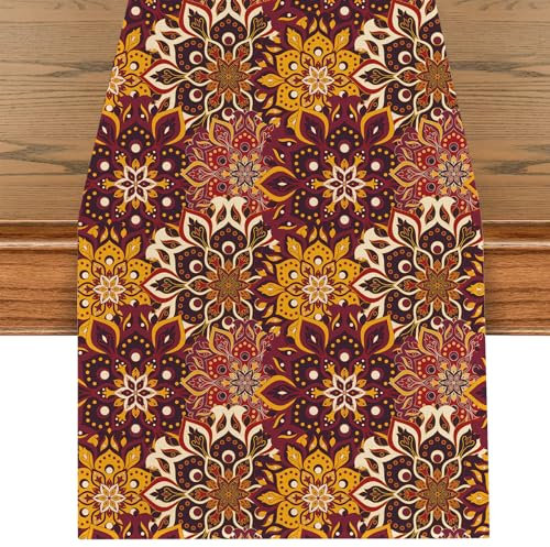 Mandala Tischläufer, Boho Style Vintage Leinen Tischdecke, Waschbar Bunt Tischband, Küche Dekoration Drinnen Urlaub Party Tischdeko für Hochzeit Bankett Geburtstag Restaurant, Rot 40 x 140 cm