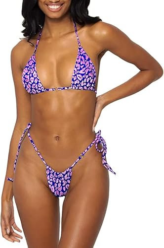 LUNNTE Damen Bikini Set Sexy Tanga String Bikini Badeanzüg Zweiteiliger Triangel mit Ring Badebekleidun Verstellbare Bademode Unterteil Seitlicher Schnürung (Lila Plüsch Leopardenmuster, S)