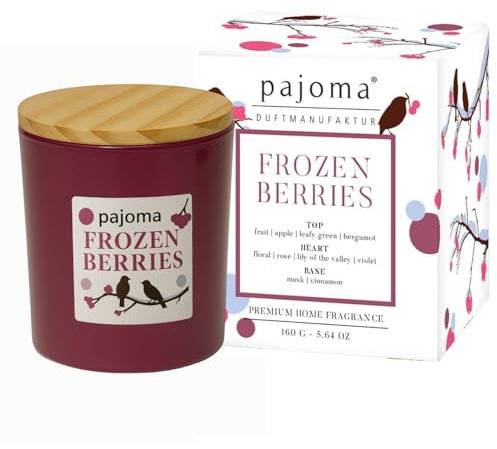 pajoma® Duftkerze im Glas Frozen Berries,140 g mit Bambusdeckel 27 Std. Brenndauer, intensiver Duft Kerze in Geschenkverpackung | Fruchtiger Mix aus Beeren, Apfel & Zimt - Luxus-Deko für Zuhause