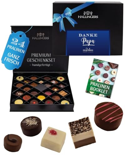 Hallingers Genuss Manufaktur Pralinen Vatertagsgeschenk - ohne Alkohol, handmade aus Confiserie-Edelkakao in wertiger FirstClass-Geschenkbox Danke Papa, Geschenkidee für Papa Opa
