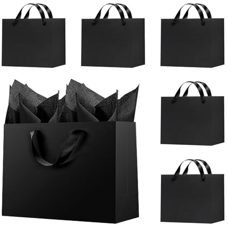 Offizon 6 schwarze Geschenktüten, 22,1 x 9,9 x 18 cm, Papiertüte mit schwarzem Seidenpapier, 5 Fächer für Gastgeschenke (22 x 10 x 18 cm)