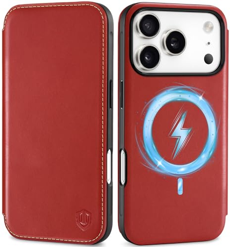 SHIELDON Echtleder Hülle für iPhone 17 Pro 6,3 2025 5G, Dünn Case [3 Kartenfach] [Magnet] [RFID Blocker] [Kabelloses Laden] [Handy-Ösen] TPU Klapphülle Schutzhülle - Retro Rot