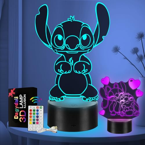 2 Stück Stitch Lampe – Stitch Geschenke für Mädchen, 3D LED Illusion 16 Farben Stitch Nachtlicht USB Smart Touch Fernbedienung Tischlampe Stitch Licht für Kinderzimmer Dekoration Urlaub Geschenke