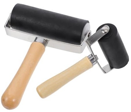 SHINEOFI 2pcs Rubber Printmaking Rollers with Comfortable Wooden Handles Glue and Ink Applicators for DIY Crafting Stamping Vinyl Flooring and Art Projects